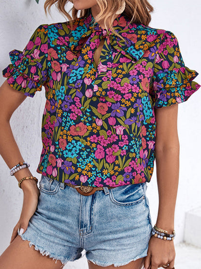 Blouses- Short Sleeves Tie-Front Blouse in Floral Print- Purple- Pekosa Women Clothing