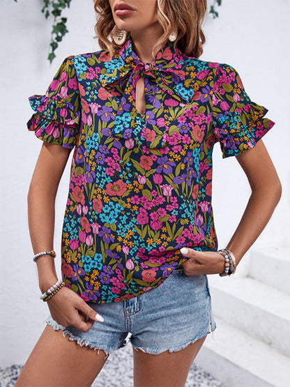 Blouses- Short Sleeves Tie-Front Blouse in Floral Print- - Pekosa Women Clothing