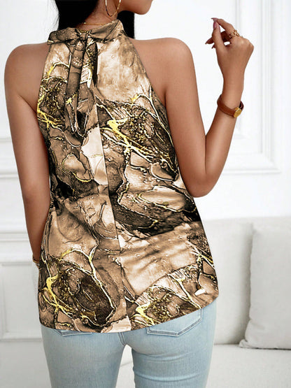 Blouses- Sleeveless Halterneck Blouse | Abstract Print and Knotted Back Top- - Pekosa Women Clothing