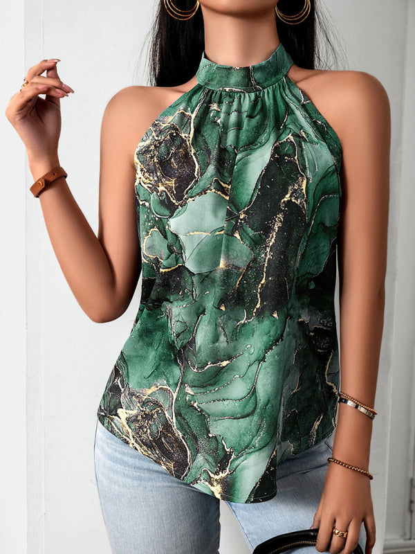 Blouses- Sleeveless Halterneck Blouse | Abstract Print and Knotted Back Top- - Pekosa Women Clothing