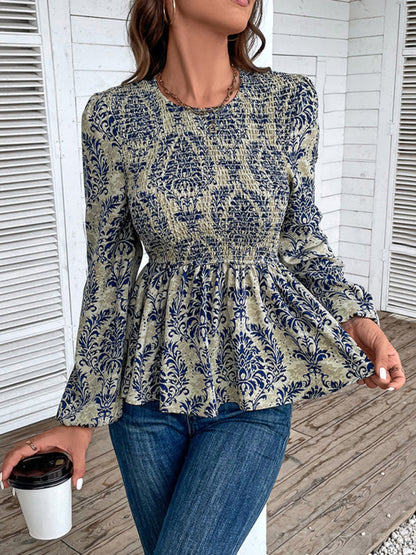 Blouses- Smocked Bodice Long Sleeve Blouse in Floral Print | Peplum Top- - Pekosa Women Clothing