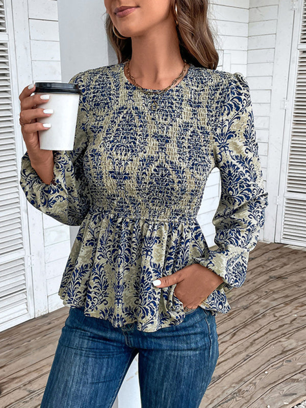 Blouses- Smocked Bodice Long Sleeve Blouse in Floral Print | Peplum Top- - Pekosa Women Clothing