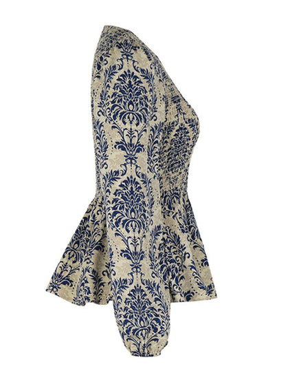 Blouses- Smocked Bodice Long Sleeve Blouse in Floral Print | Peplum Top- - Pekosa Women Clothing