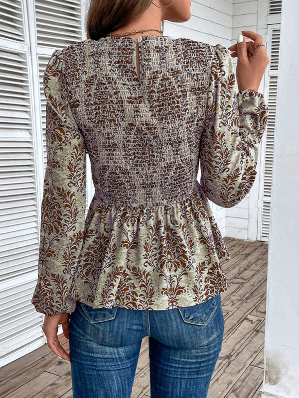 Blouses- Smocked Bodice Long Sleeve Blouse in Floral Print | Peplum Top- - Pekosa Women Clothing