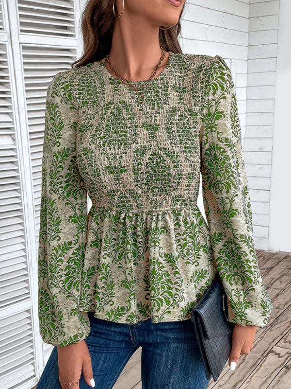 Blouses- Smocked Bodice Long Sleeve Blouse in Floral Print | Peplum Top- Green- Pekosa Women Clothing