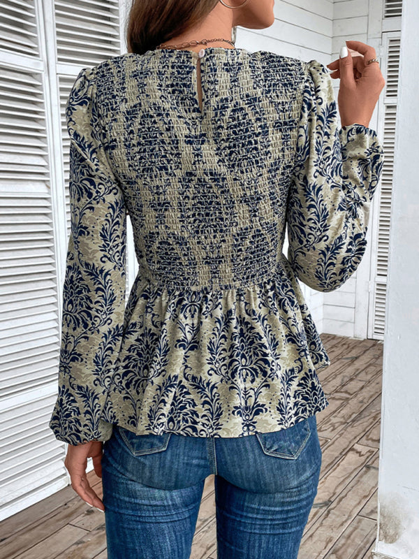 Blouses- Smocked Bodice Long Sleeve Blouse in Floral Print | Peplum Top- - Pekosa Women Clothing