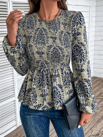 Blouses- Smocked Bodice Long Sleeve Blouse in Floral Print | Peplum Top- Champlain color- Pekosa Women Clothing