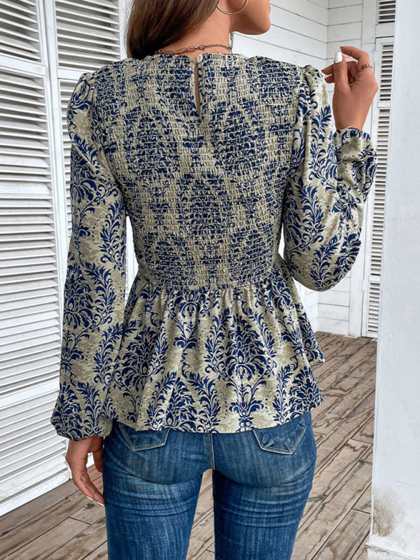 Blouses- Smocked Bodice Long Sleeve Blouse in Floral Print | Peplum Top- - Pekosa Women Clothing