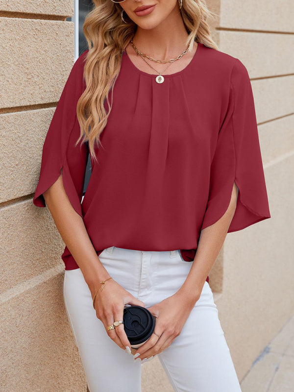 Blouses- Solid Chiffon Elegance in 3/4 Sleeves Blouse- - Pekosa Women Clothing