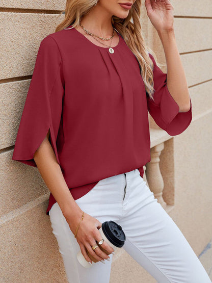 Blouses- Solid Chiffon Elegance in 3/4 Sleeves Blouse- - Pekosa Women Clothing