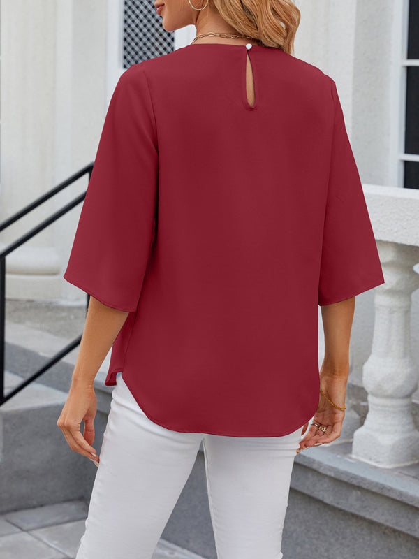 Blouses- Solid Chiffon Elegance in 3/4 Sleeves Blouse- - Pekosa Women Clothing