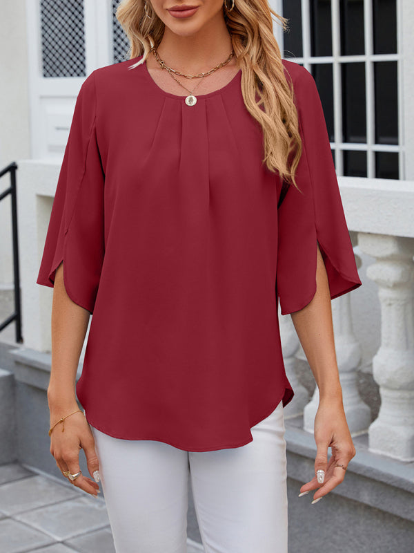 Blouses- Solid Chiffon Elegance in 3/4 Sleeves Blouse- - Pekosa Women Clothing