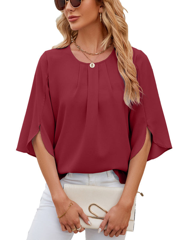 Blouses- Solid Chiffon Elegance in 3/4 Sleeves Blouse- - Pekosa Women Clothing