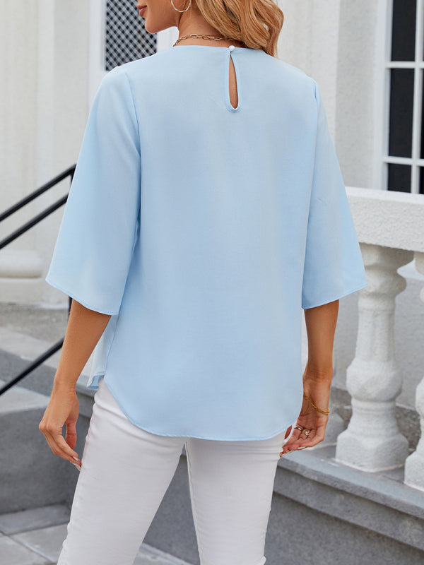 Blouses- Solid Chiffon Elegance in 3/4 Sleeves Blouse- - Pekosa Women Clothing