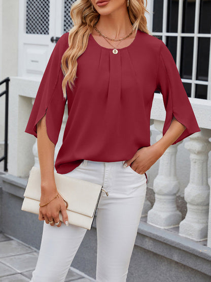 Blouses- Solid Chiffon Elegance in 3/4 Sleeves Blouse- - Pekosa Women Clothing