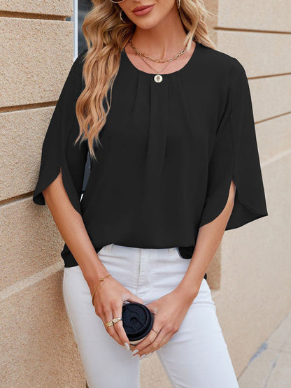 Blouses- Solid Chiffon Elegance in 3/4 Sleeves Blouse- Black- Pekosa Women Clothing