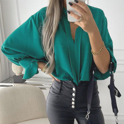 Blouses- Solid Chiffon V Neck Long Sleeve Blouse- - Pekosa Women Clothing