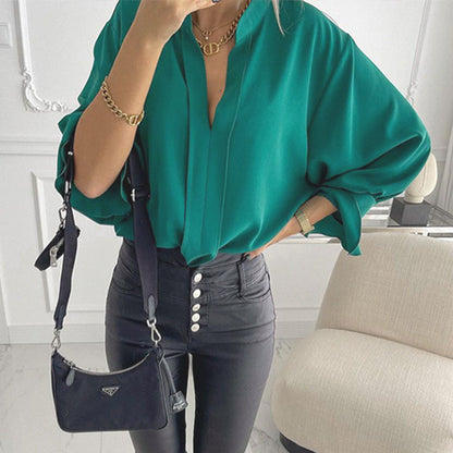 Blouses- Solid Chiffon V Neck Long Sleeve Blouse- - Pekosa Women Clothing