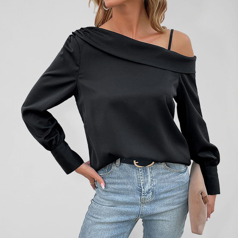 Blouses- Solid Cold Shoulder Long Sleeve Blouse- Black- Pekosa Women Clothing