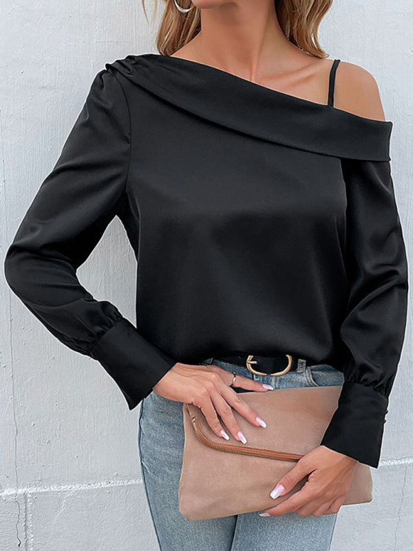 Blouses- Solid Cold Shoulder Long Sleeve Blouse- - Pekosa Women Clothing