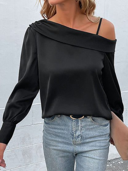 Blouses- Solid Cold Shoulder Long Sleeve Blouse- - Pekosa Women Clothing