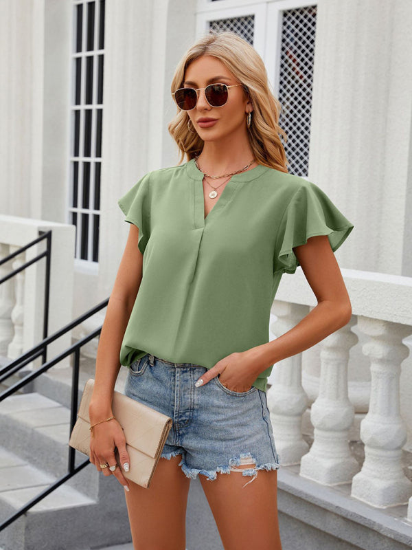 Blouses- Solid Color Blouse | V-Neck & Flounce Sleeves Top- - Pekosa Women Clothing