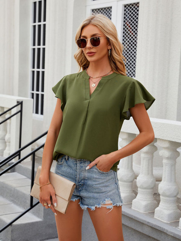 Blouses- Solid Color Blouse | V-Neck & Flounce Sleeves Top- - Pekosa Women Clothing