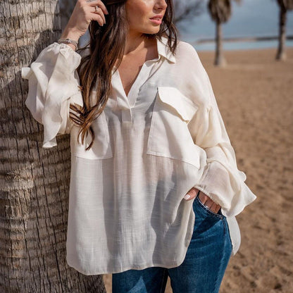 Blouses- Solid Cotton See-through Long Sleeve Blouse- White- Pekosa Women Clothing