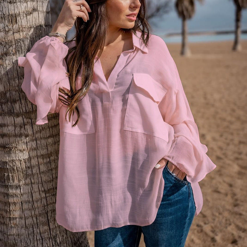 Blouses- Solid Cotton See-through Long Sleeve Blouse- Pink- Pekosa Women Clothing