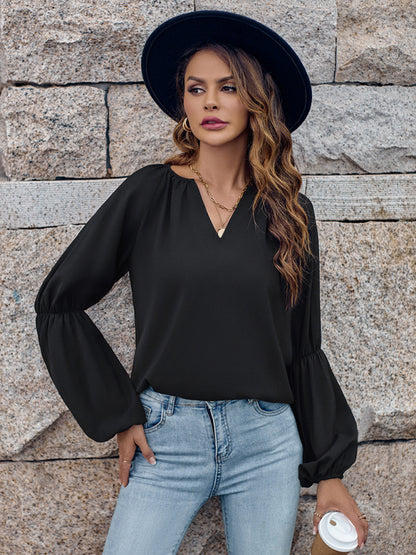 Blouses- Solid Notch Neck Elastic Insert Long Sleeve Blouse- Black- Pekosa Women Clothing