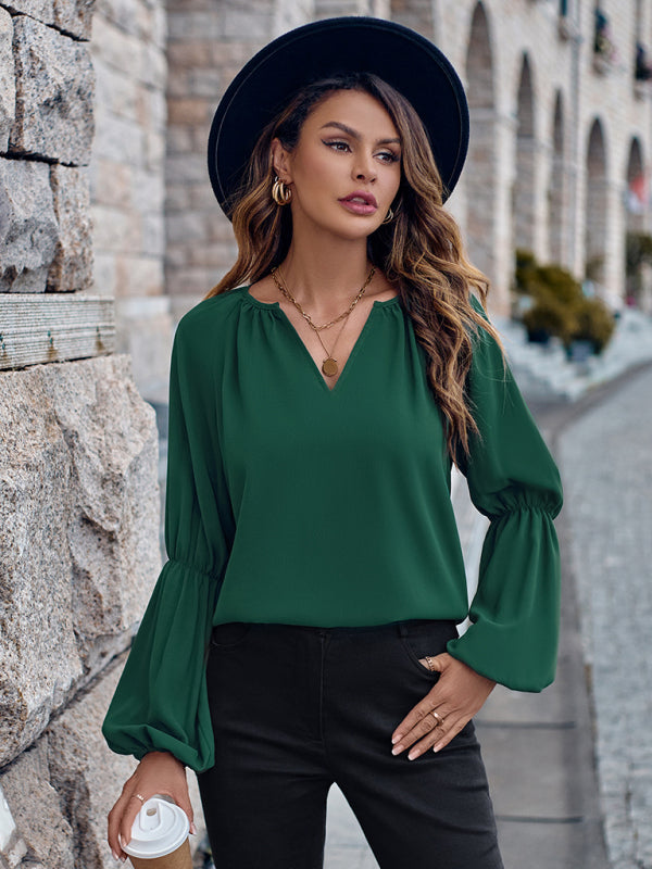 Blouses- Solid Notch Neck Elastic Insert Long Sleeve Blouse- Green- Pekosa Women Clothing