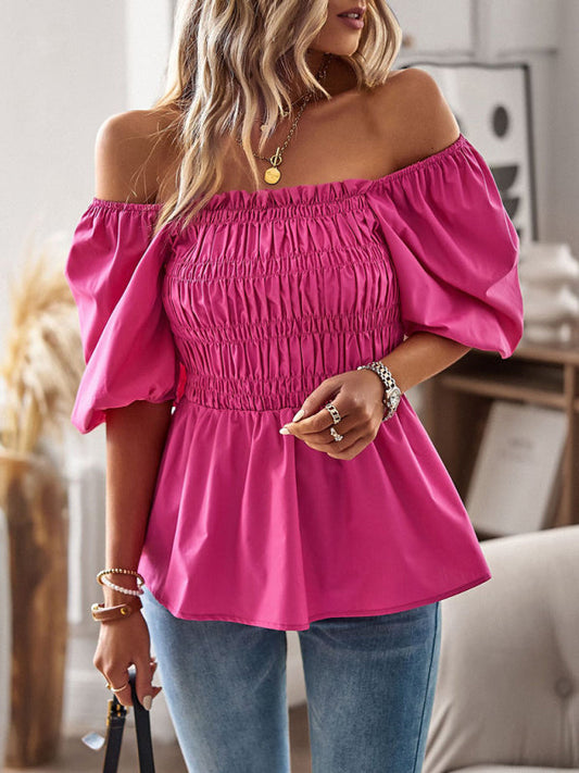 Blouses- Solid Off-Shoulder Blouse - Smocked Peplum Top- Pink- Pekosa Women Clothing