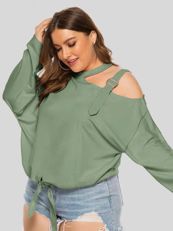 Blouses- Solid One-Shoulder Choker Blouse for Curvy Women- Green- Pekosa Women Fashion