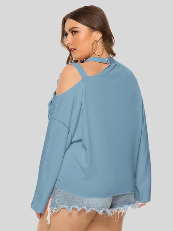 Blouses- Solid One-Shoulder Choker Blouse for Curvy Women- - Pekosa Women Fashion