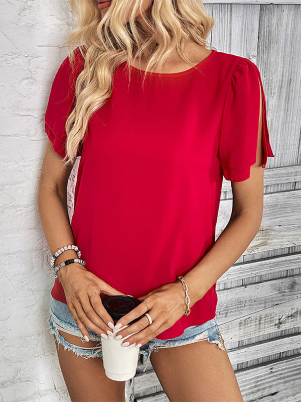 Blouses- Solid Puff Sleeve Blouse for Summer Days- - Pekosa Women Clothing