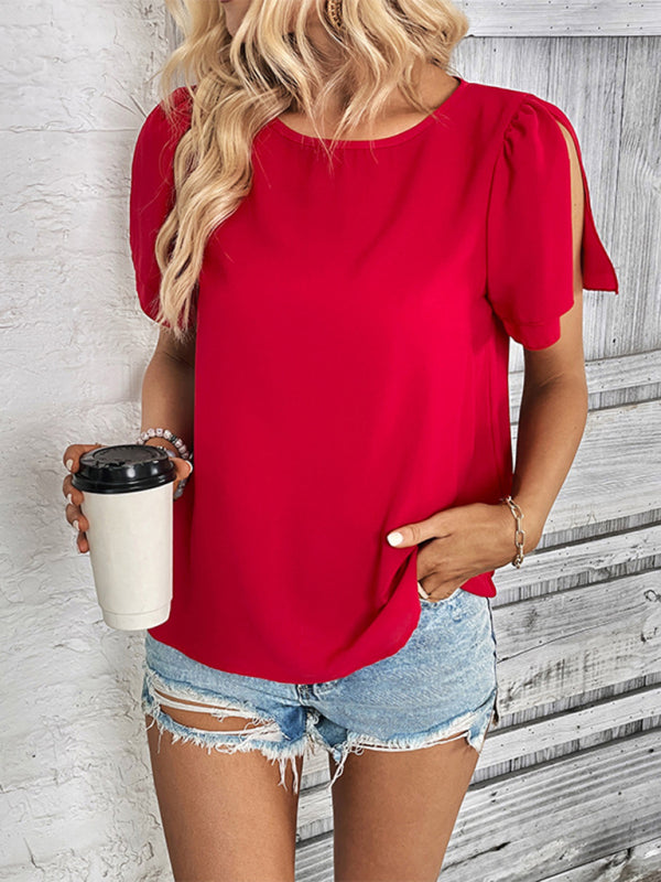 Blouses- Solid Puff Sleeve Blouse for Summer Days- - Pekosa Women Clothing