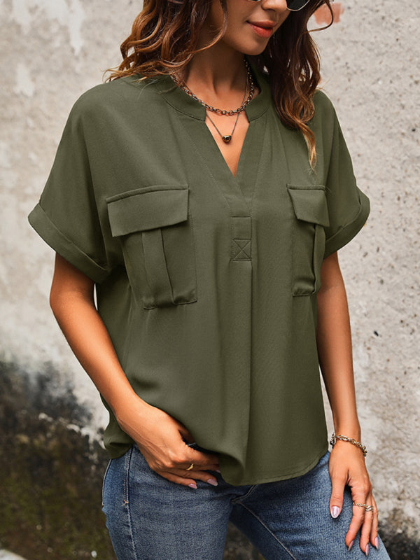 Blouses- Solid Short-Sleeve V-Neck Blouse - Flap Shirt- - Pekosa Women Clothing