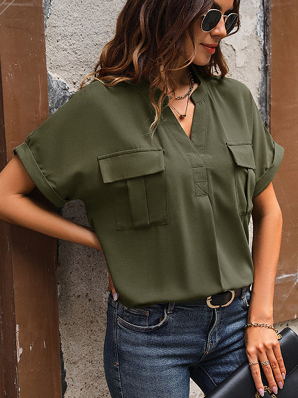 Blouses- Solid Short-Sleeve V-Neck Blouse - Flap Shirt- - Pekosa Women Clothing