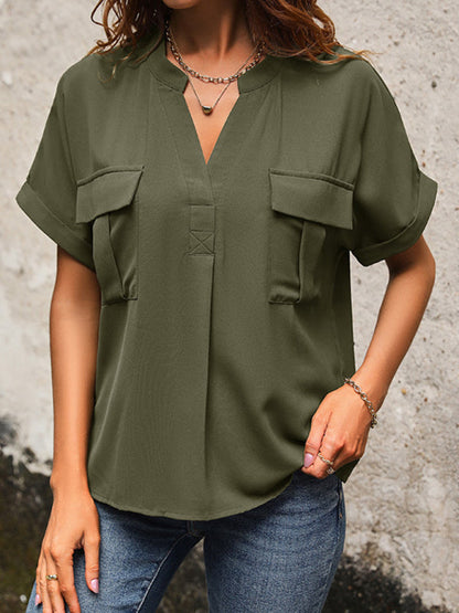 Blouses- Solid Short-Sleeve V-Neck Blouse - Flap Shirt- - Pekosa Women Clothing