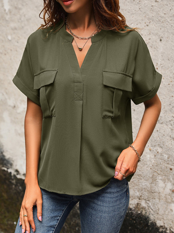 Blouses- Solid Short-Sleeve V-Neck Blouse - Flap Shirt- - Pekosa Women Clothing