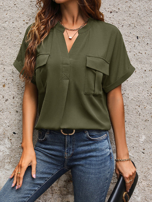 Blouses- Solid Short-Sleeve V-Neck Blouse - Flap Shirt- Olive green- Pekosa Women Clothing