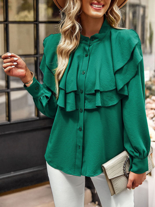 Blouses- Solid Stand Collar Buttoned Blouse | Long Sleeves and Ruffle Paneled Shirt- Green- Pekosa Women Clothing