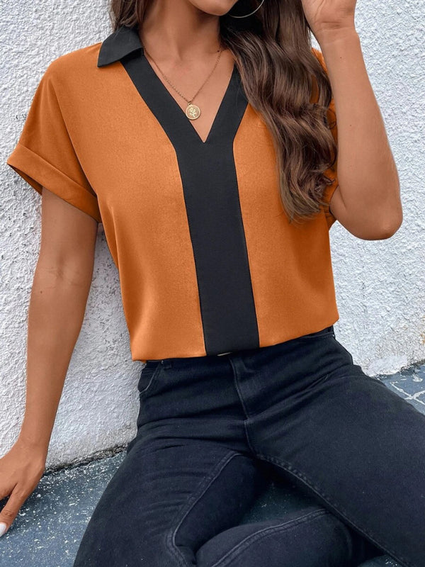 Blouses- Solid V-Neck Blouse - Summer Collared Top- - Pekosa Women Clothing