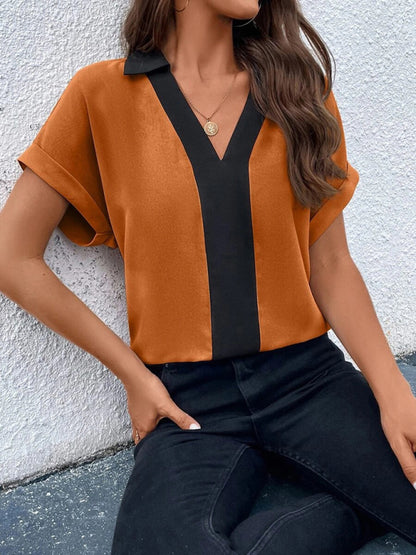 Blouses- Solid V-Neck Blouse - Summer Collared Top- - Pekosa Women Clothing