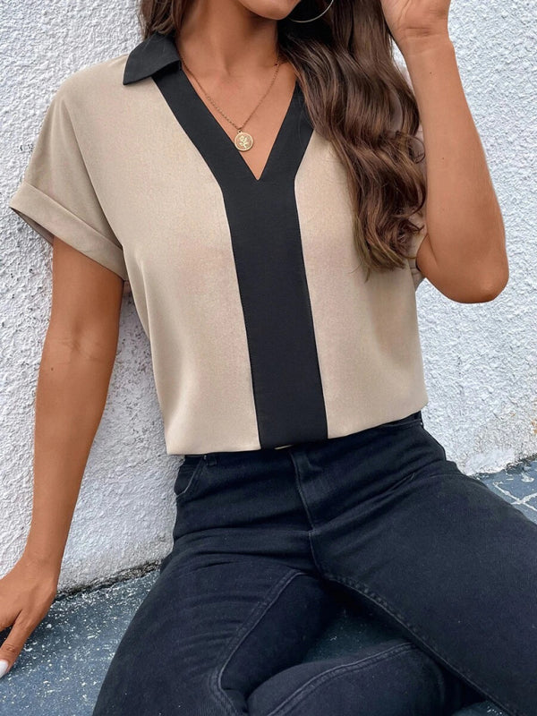 Blouses- Solid V-Neck Blouse - Summer Collared Top- - Pekosa Women Clothing