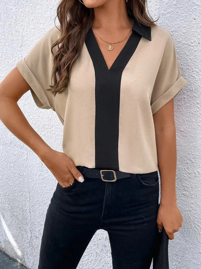 Blouses- Solid V-Neck Blouse - Summer Collared Top- - Pekosa Women Clothing