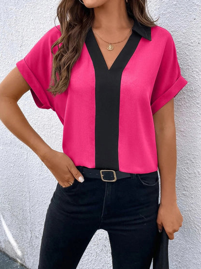 Blouses- Solid V-Neck Blouse - Summer Collared Top- - Pekosa Women Clothing