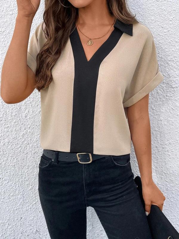 Blouses- Solid V-Neck Blouse - Summer Collared Top- - Pekosa Women Clothing