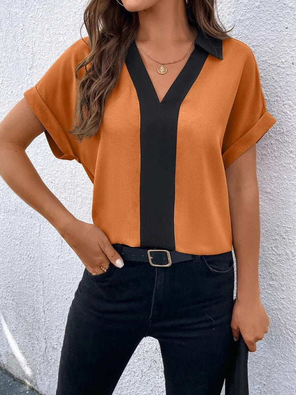 Blouses- Solid V-Neck Blouse - Summer Collared Top- Orange Red- Pekosa Women Clothing