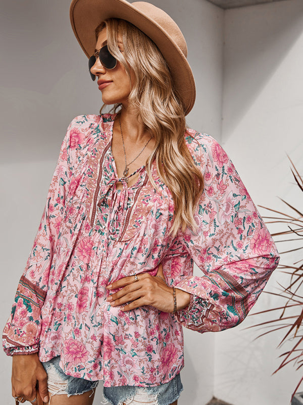 Blouses- Spring Blossom Lantern Sleeve Floral Tunic Blouse- Pink- Pekosa Women Clothing